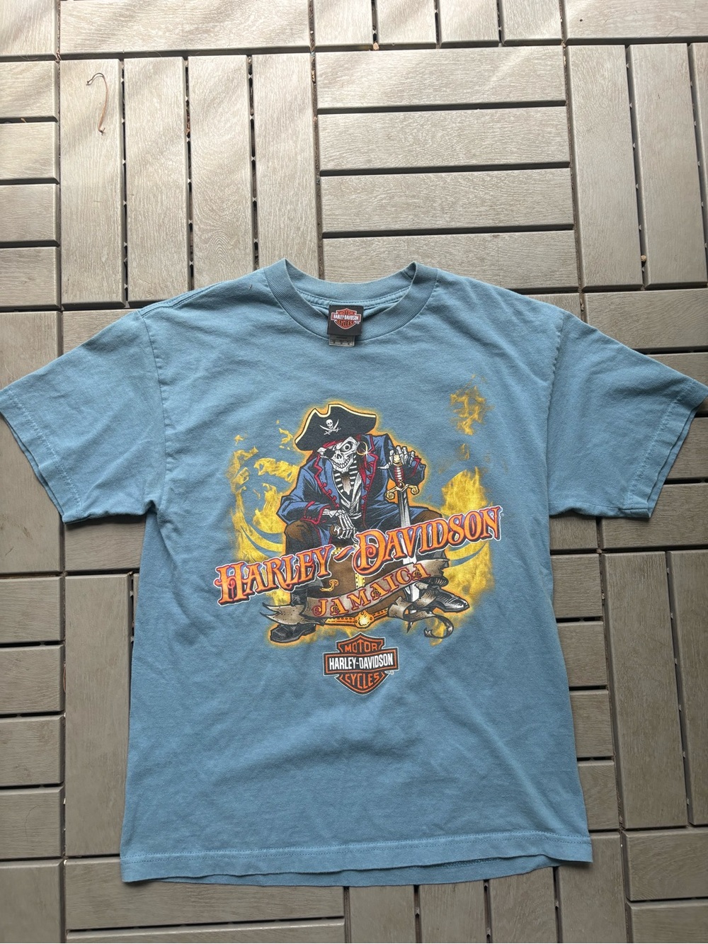 Harley-Davidson Light Blue Short Sleeve Tee with Pirate Skeleton Graphic